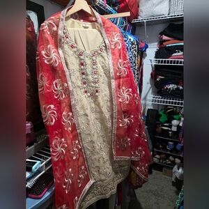 Elegant Red and Cream Embroidered Wedding Dress